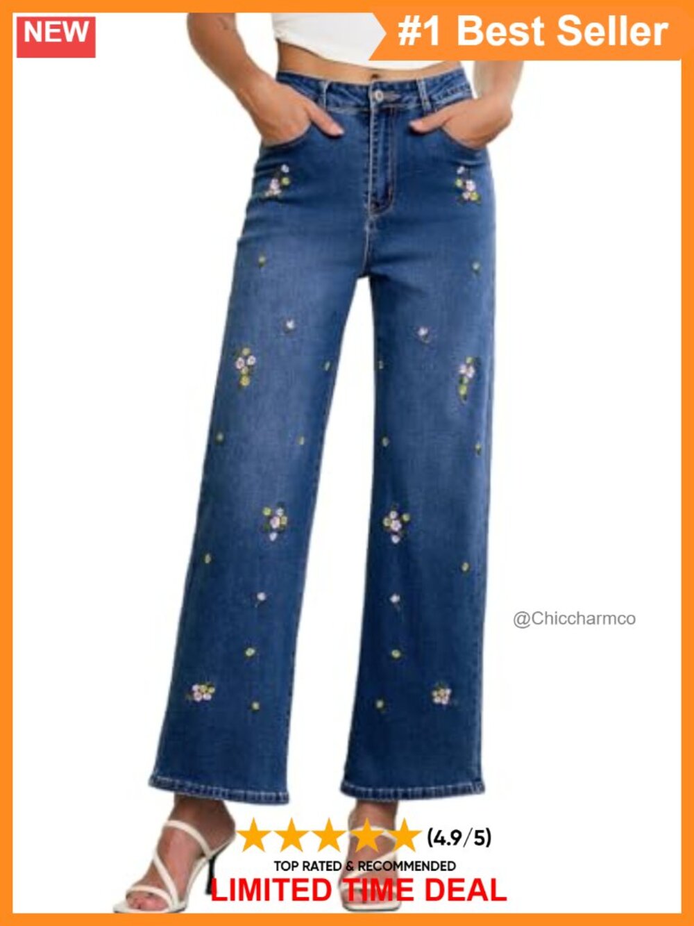 High Waisted Straight Wide Leg Jeans Floral Embroidered Denim Pants